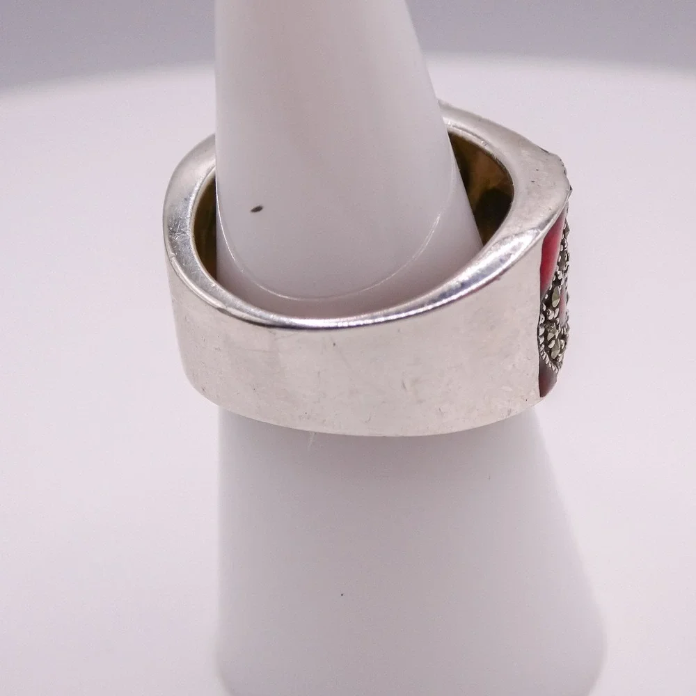 Sterling Silver 925 Red Guilloche Enamel Marcasite Scrolled Ring Sz 7 Vintage
